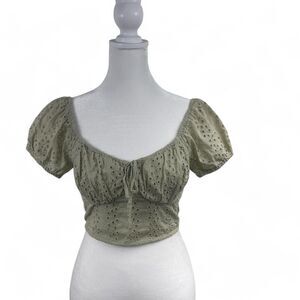 VTG Hollister Babydoll Crop Top Sz XS Eyelet Y2K Green Puff Sleeve Milk Maid